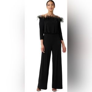 Adrianna Papell Womens Feather Trim Jersey Jumpsuit
